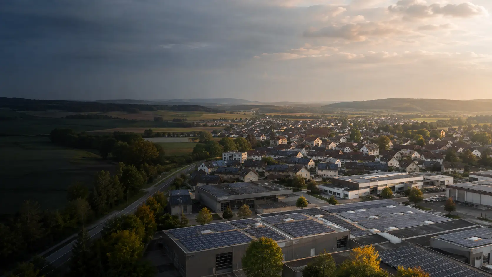 European community and commercial buildings with photovoltaic installations