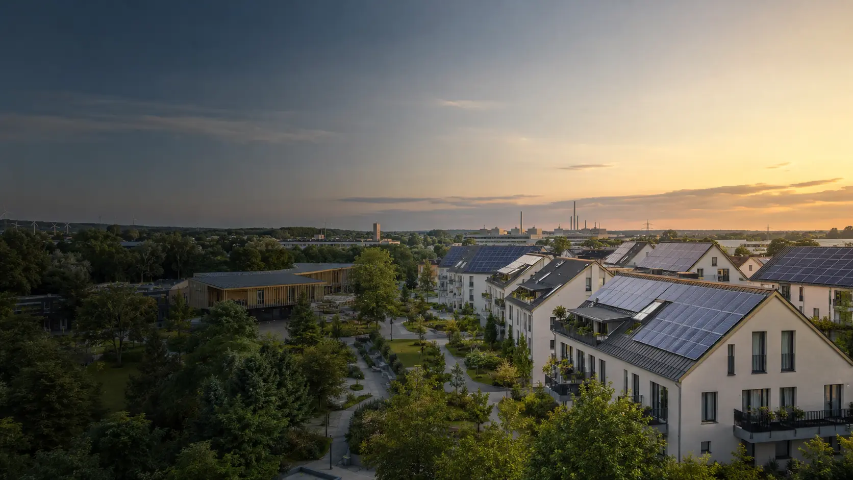 European urban district with photovoltaic installations