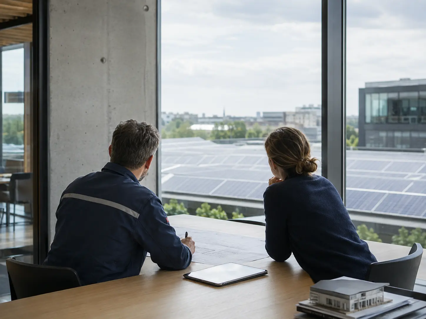 Technical and commercial partners reviewing a photovoltaic project