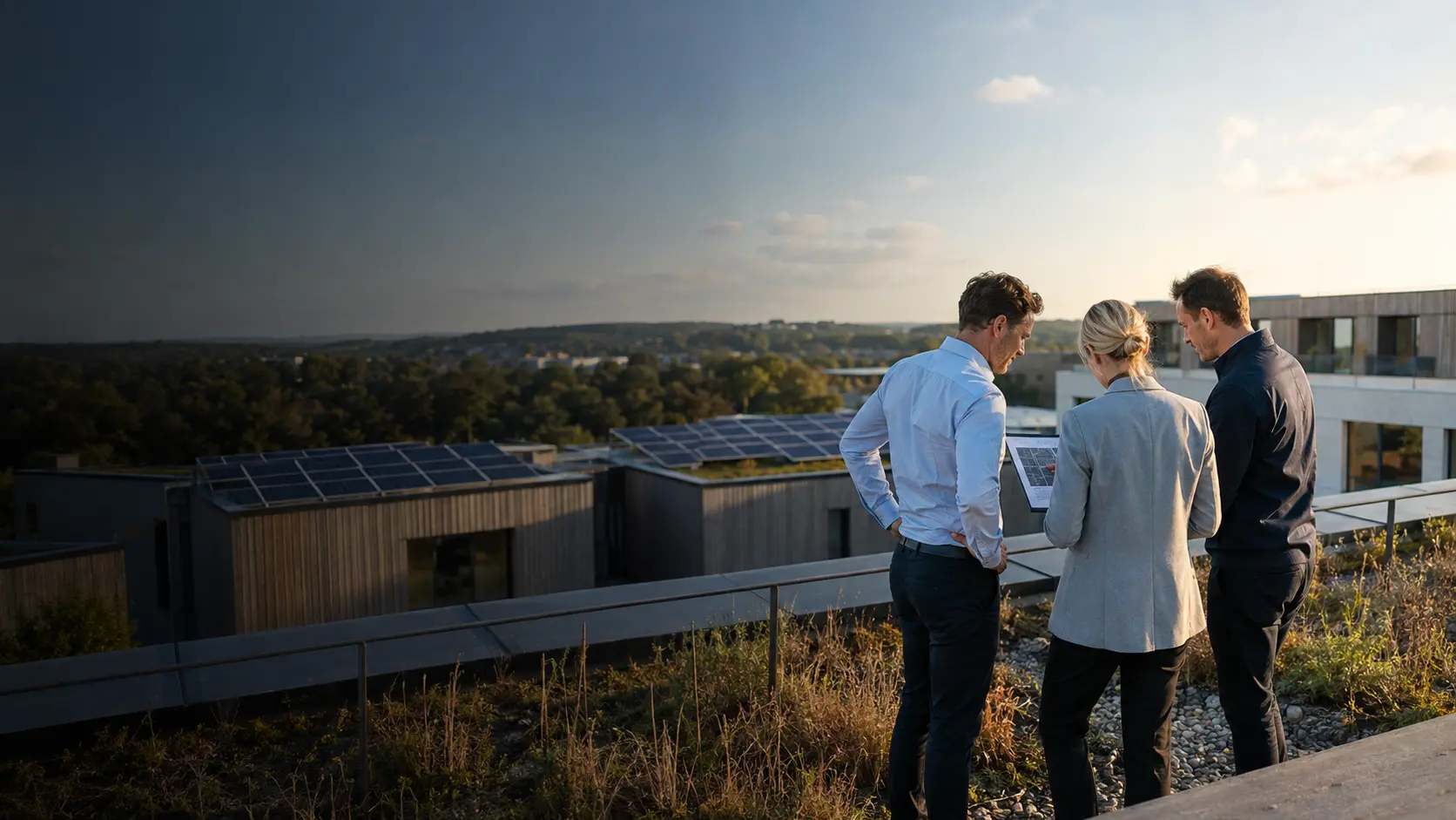 Business partners planning a European energy project together